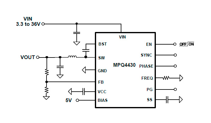 <a id="mpq4430"></a>Monolithic Power Systems - MPQ4430 Family (36 V, 1-3,5 A)
