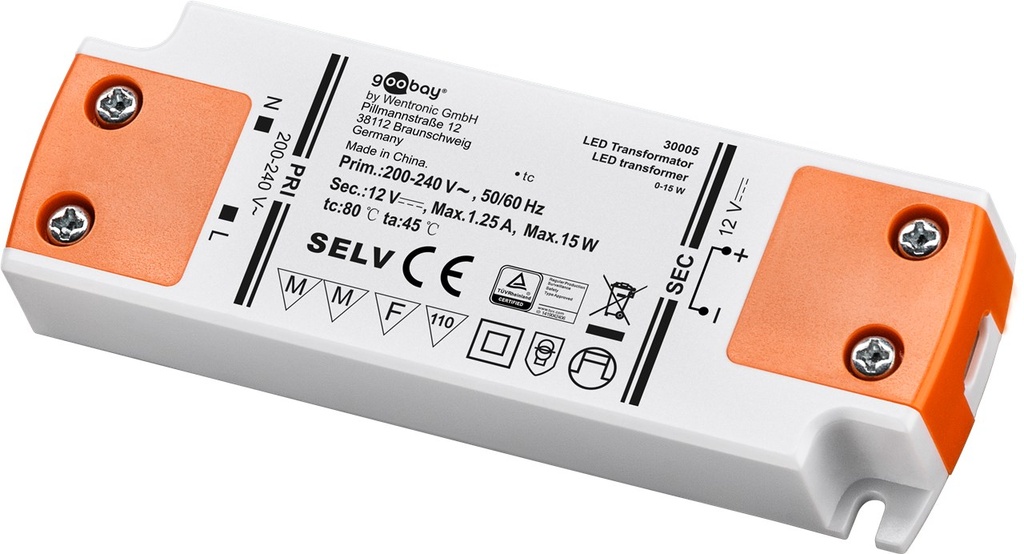 GOOBAY YE-100-110-347 LED POWER SUPPLY 12V DC  CONSTANT VOLTAGE - 15W - NOT DIMMABLE 1,25A IP20