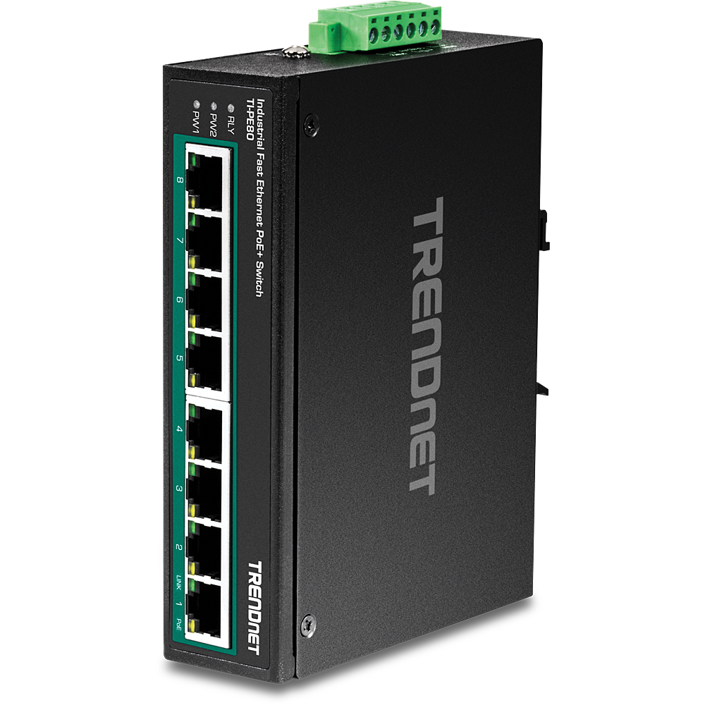 TRENDNET TI-PE80 - 8-porttinen teollinen nopea Ethernet PoE+ DIN-kiskokytkin