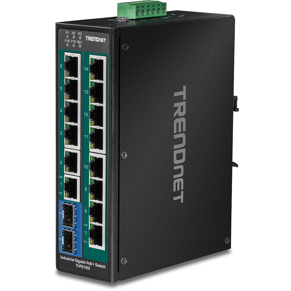 TRENDNET TI-PG162 - 14-porttinen teollinen DIN-kiskokytkin Gigabit PoE+