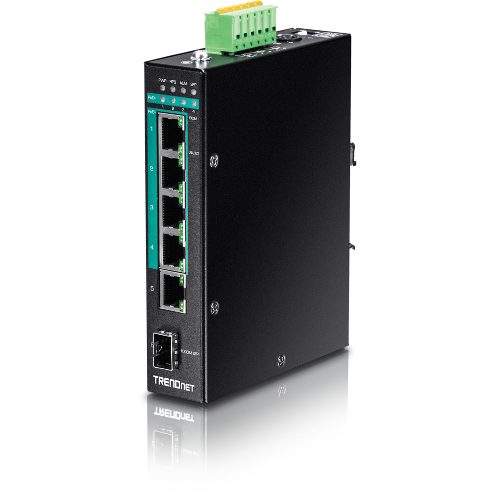 TRENDNET TI-PG541i - 6-porttinen teollinen DIN-kiskokytkin Gigabit PoE+ Layer 2 hallittava