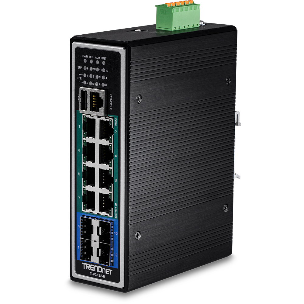 TRENDNET TI-PG1284i - 12-porttinen teollinen PoE+ DIN-kiskokytkin gigabit Layer 2+ hallittava
