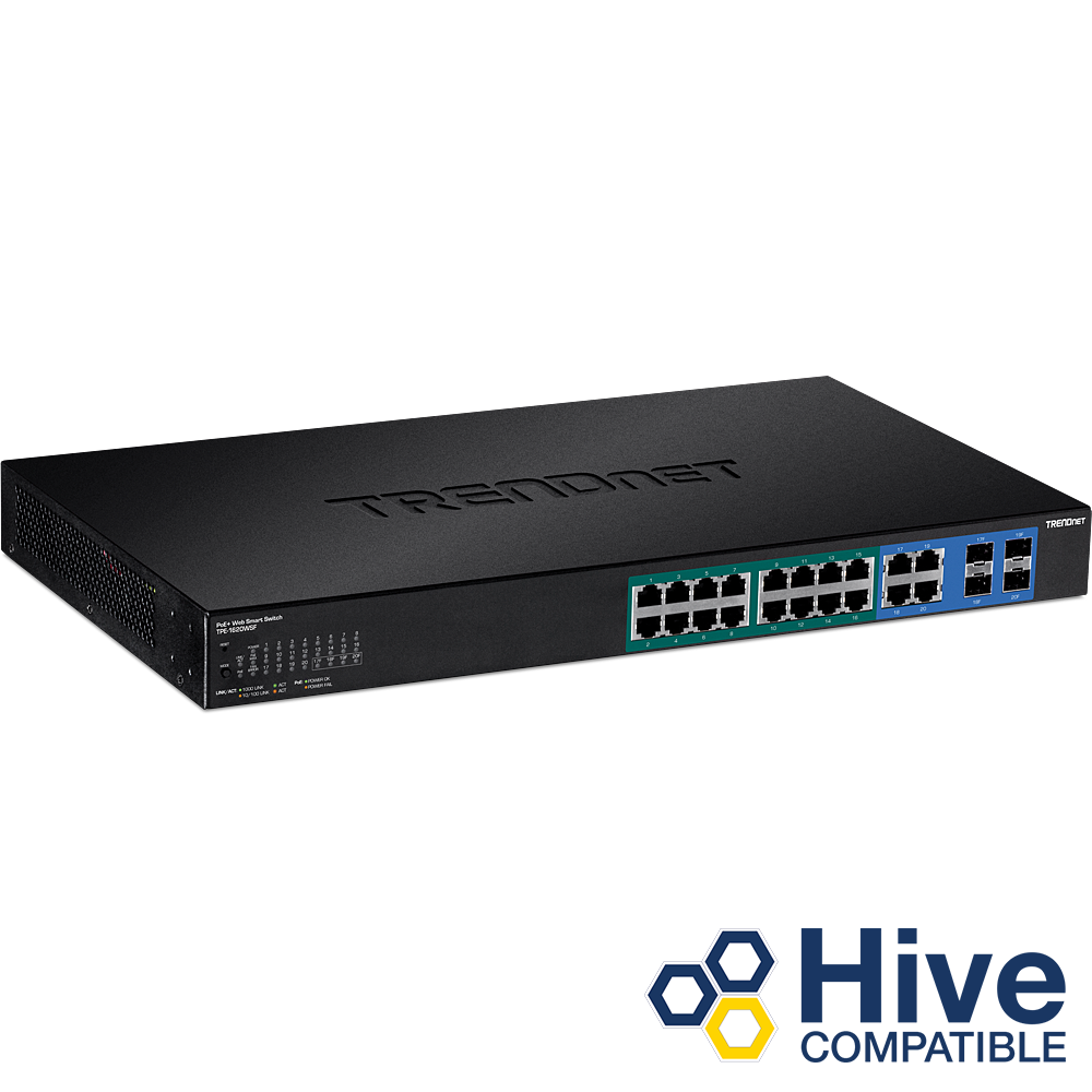 [TPE-1620WSF] TRENDNET TPE-1620WSF - 20-porttinen Gigabit Web Smart POE+ -kytkin 2 jaettua SFP-paikkaa 370W