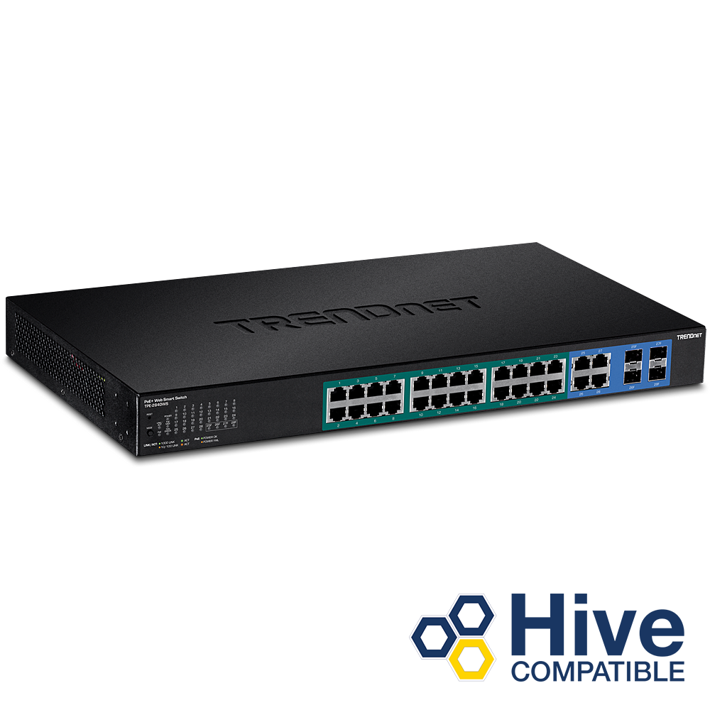 [TPE-2840WS] TRENDNET TPE-2840WS - 28-porttinen Gigabit Web Smart POE+ -kytkin (jaetut 4 x SFP-paikat) 185W