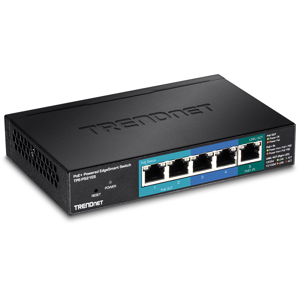 [TPE-P521ES] TRENDNET TPE-P521ES - 5-porttinen Gigabit PoE+ Powered EdgeSmart -kytkin PoE Pass Through -ominaisuudella 15W