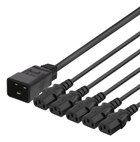 DELTACO DEL-113M - VERKKOKAAPELI IEC C20 - 5x IEC C13 - 1m- 16A/250V - Y-haaroitin