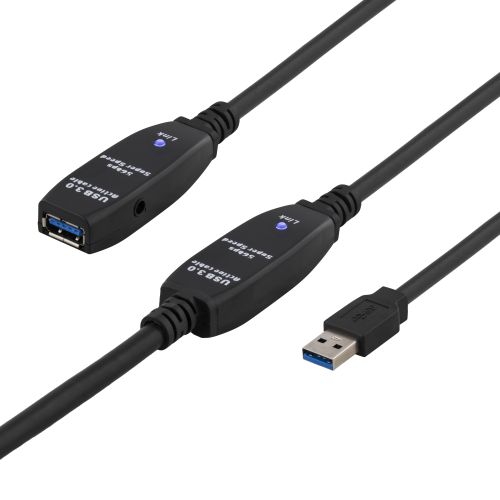 [USB3-1008] DELTACO USB3-1008 - Aktiivinen USB 3.0-jatkokaapeli, Tyyppi A uros-naaras,adp,15m, musta