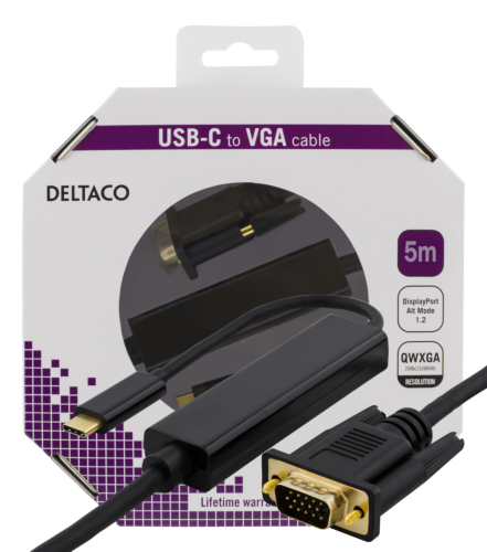 DELTACO USBC-1089-K - USB-C - VGA, QWXGA 2048x1152 60Hz, 5m, DP 1.2 Alt Mode, musta