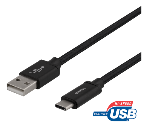DELTACO USBC-1132M - USB-A - USB-C-kaapeli, 1m, USB 2.0, punottu, musta