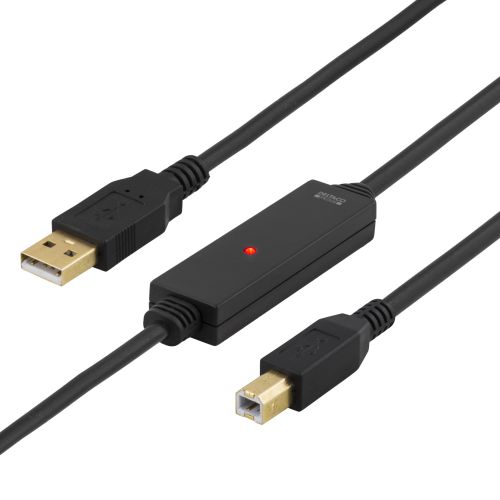 DELTACO USB-EX05M - USB 2.0 kaapeli Tyyppi A uros - Tyyppi B uros, aktiivinen, 5m, musta