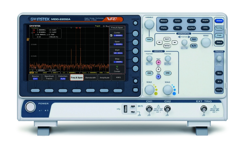 GW INSTEK MDO-2202A - Oskilloskooppi 200MHz 2-kanavainen 2GSa/s 20M/100MHz + Spektrianalysaattori