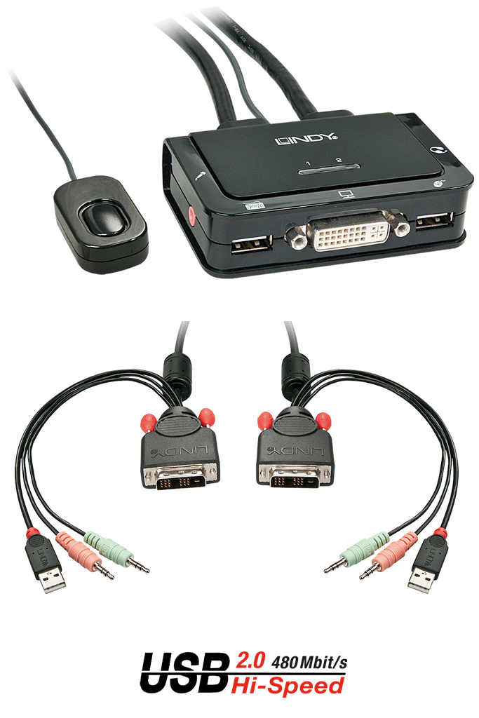 2-porttinen DVI-D Single Link, USB 2.0 & Audio KVM-kytkin Kompaktti