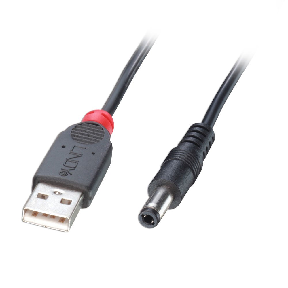 1,5m USB - 2,5 mm sisempi / 5,5 mm ulompi DC-sovitinkaapeli.