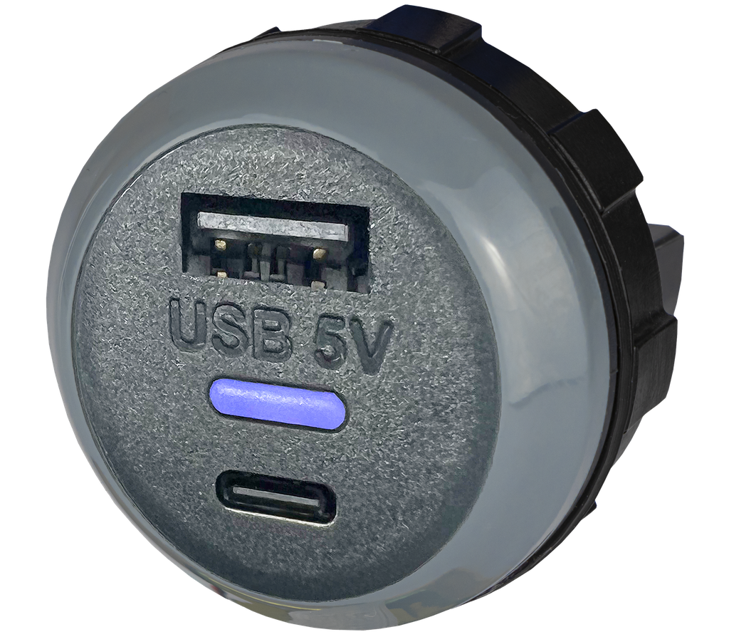 ALFATRONIX PVPro-AC USB-laturi, kaksois-USB-A ja USB-C, takapuolelle sopiva.