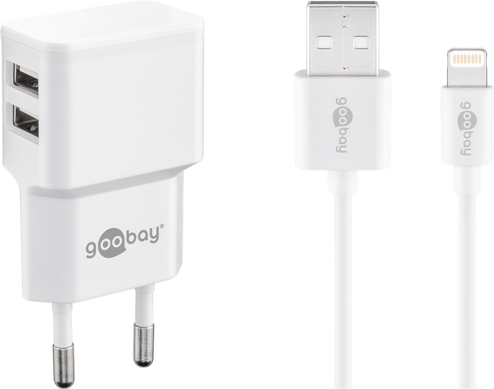 [44979] GOOBAY 44979 - Dual Apple Lightning Charger Set (12 W) virtalähde, jossa 2x USB-porttia ja Apple Lightning -kaapeli, 1 m, valkoinen