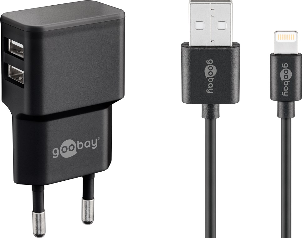 GOOBAY 44995 - Dual Apple Lightning Charger Set (12 W) virtalähde, jossa 2x USB-porttia ja Apple Lightning -kaapeli, 1 m, musta
