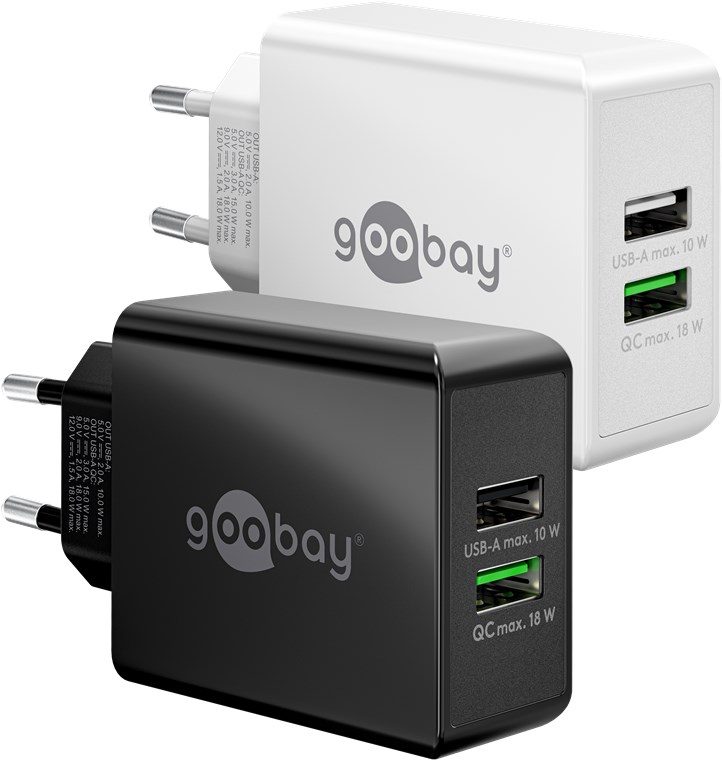 GOOBAY 44956 - Kaksinkertainen USB-pikalaturi QC 3.0 (28 W) musta 1x USB-A-portti ja 1x USB-A-portti Pikalataus 3.0