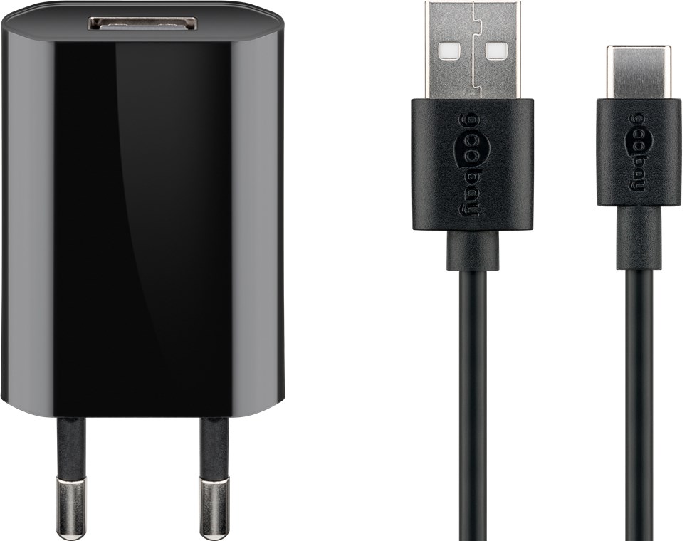 GOOBAY 45293 - USB-C-laturisarja (5 W) virtalähde USB-C-kaapelilla, 1 m (musta).