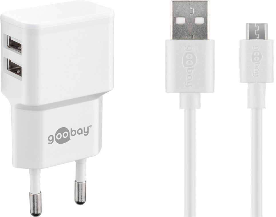 GOOBAY 44985 - Dual Micro USB Charger Set (18 W) virtalähde, jossa on 2x USB-porttia ja Micro USB -kaapeli, 1 m, valkoinen.