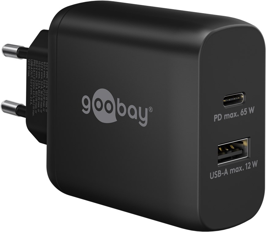 GOOBAY 65409 - USB-C PD Dual Fast Charger (65 W) musta 1x USB-C-portti (Power Delivery) ja 1x USB-A-portti.