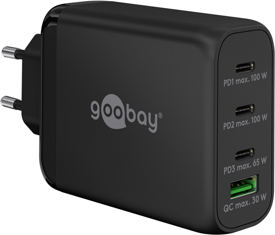 [65555] GOOBAY 65555 - USB-C PD moniporttinen pikalaturi (100 W) musta 3x USB-C PD-porttia (virranjakelu) ja 1x USB-A-portti (pikalataus).