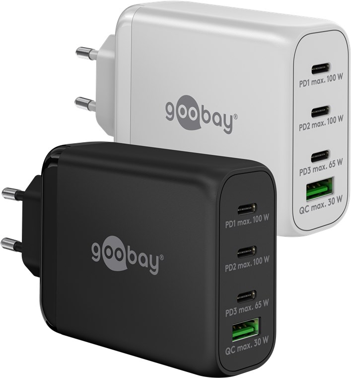 GOOBAY 65556 - USB-C PD moniporttinen pikalaturi (100 W) valkoinen 3x USB-C PD-porttia (virranjakelu) ja 1x USB-A-portti (pikalataus).