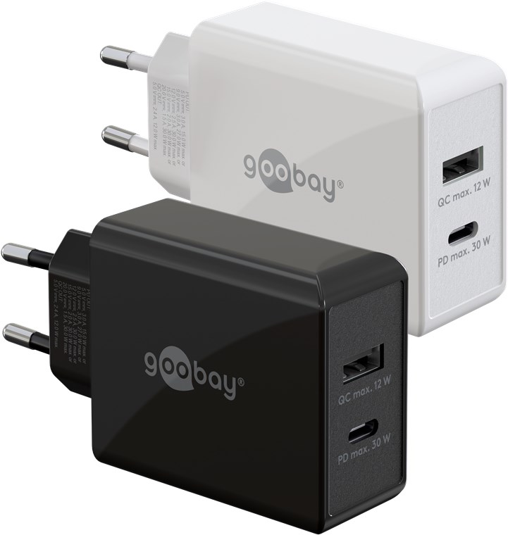 GOOBAY 61674 - Kaksinkertainen USB-C PD-pikalaturi (30 W) 1x USB-C-portti (virranjakelu) ja 1x USB-A-portti (lataus)