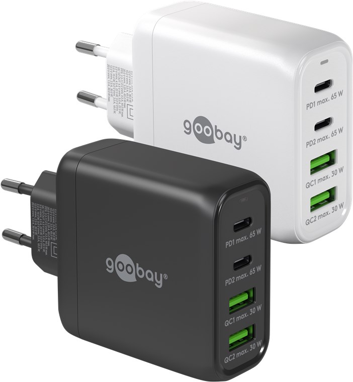 GOOBAY 64818 - USB-C PD Multiport -pikalaturi (68 W) valkoinen 2x USB-C PD-portit (virranjakelu) ja 2x USB-A-portit (pikalataus).
