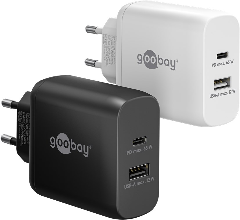 GOOBAY 65410 - USB-C PD Dual Fast Charger (65 W) valkoinen 1x USB-C-portti (Power Delivery) ja 1x USB-A-portti.