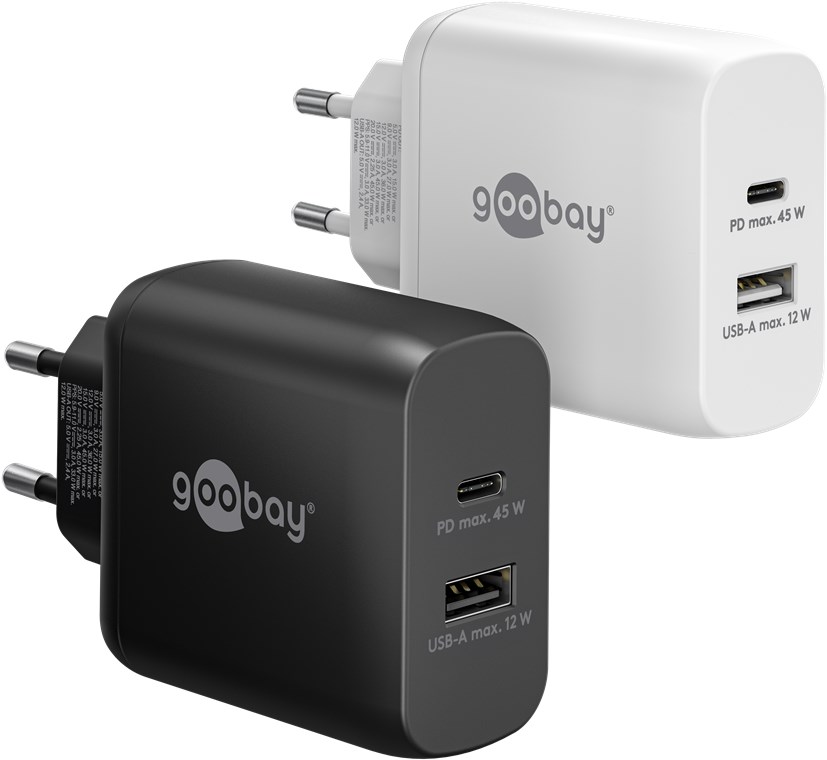 [65411] GOOBAY 65411 - USB-C PD Dual Fast Charger (45 W) musta 1x USB-C-portti (Power Delivery) ja 1x USB-A-portti.