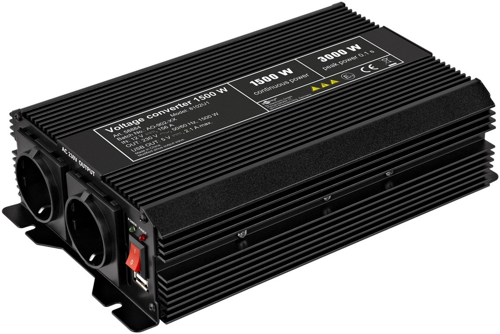 GOOBAY 58884 - SPW DC/AC Siniaaltoinvertteri 12V 230V 1500W 1xUSB