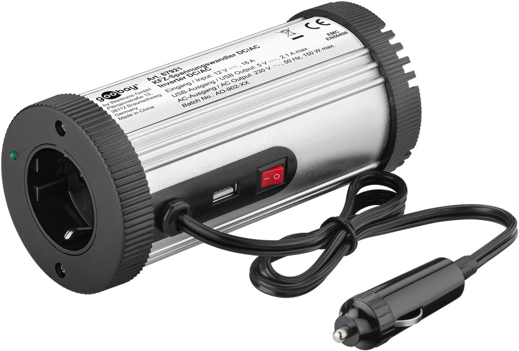 GOOBAY 67921 - SPW DC/AC Jännitemuunnin 12V 230V 150W USB 2,1A