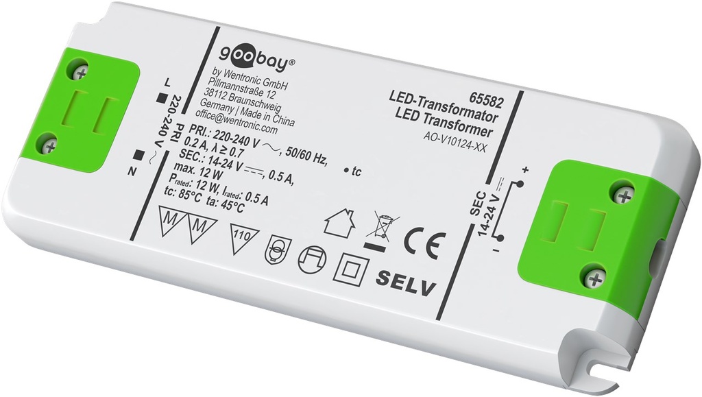 GOOBAY 65582Vakiovirtainen LED-muuntaja 500 mA/12 W 14-24 V (DC) enintään 12 W:n kokonaiskuormituksella toimiville LEDeille.