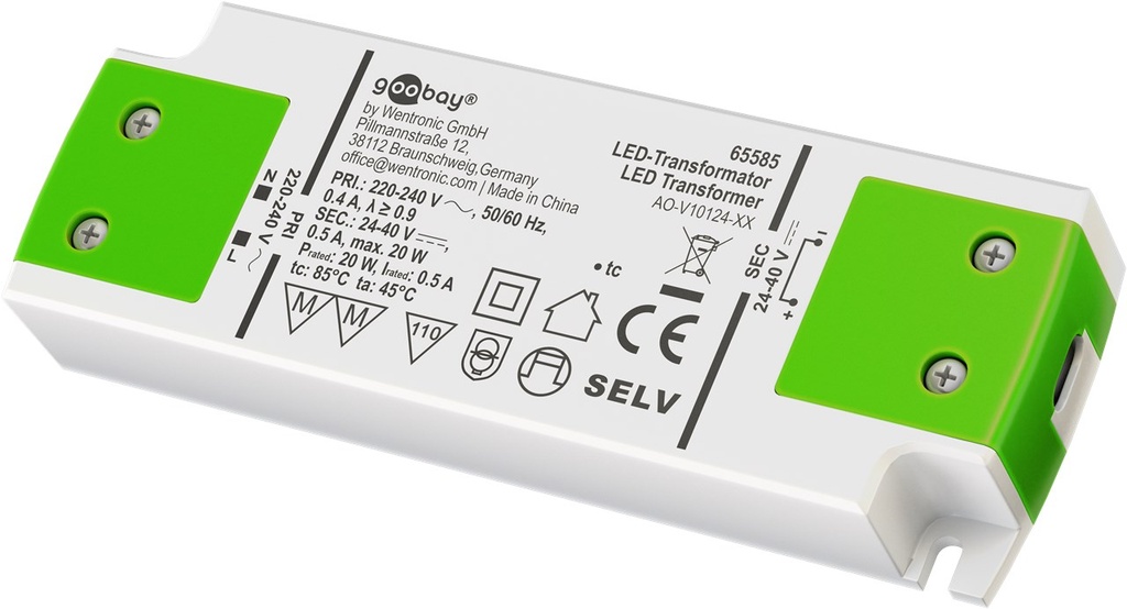 [65585] GOOBAY 65585Vakiovirtainen LED-muuntaja 500 mA/20 W 24-40 V (DC) enintään 20 W:n kokonaiskuormitukselle LEDeille.