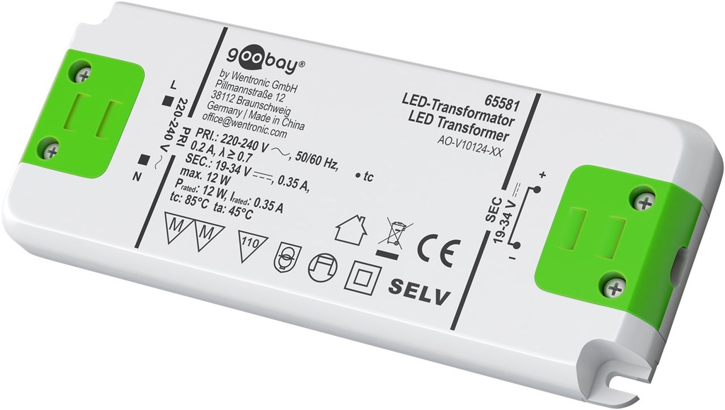 [65581] GOOBAY 65581Vakiovirtainen LED-muuntaja 350 mA/12 W 19-34 V (DC) enintään 12 W:n kokonaiskuormitukselle LEDeille.