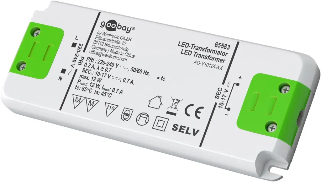 [65583] GOOBAY 65583Vakiovirtainen LED-muuntaja 700 mA/12 W 10-17 V (DC) enintään 12 W:n kokonaiskuormitukselle LEDeille.