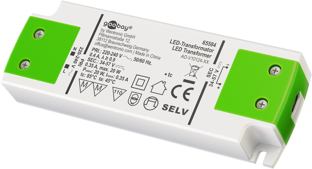 [65584] GOOBAY 65584Vakiovirtainen LED-muuntaja 350 mA/20 W 34-57 V (DC) enintään 20 W:n kokonaiskuormitukselle LEDeille.