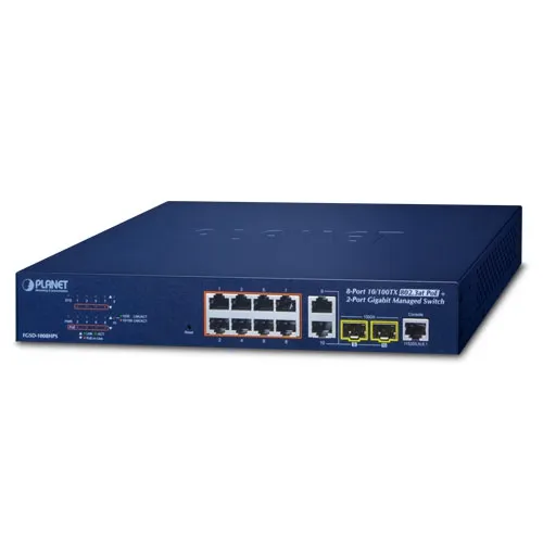 PLANET FGSD-1008HPS - Ethernet-kytkin 8-porttinen 10/100TX 802.3at PoE + 2-porttinen Gigabit TP/SFP Combo Hallittu