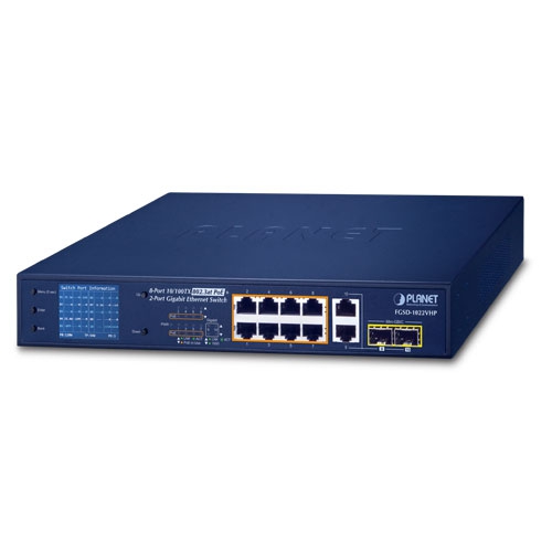 PLANET FGSD-1022VHP - Pöytäkytkin 8-porttinen 10/100TX 802.3at PoE + 2-porttinen Gigabit TP/SFP Combo LCD-monitorilla