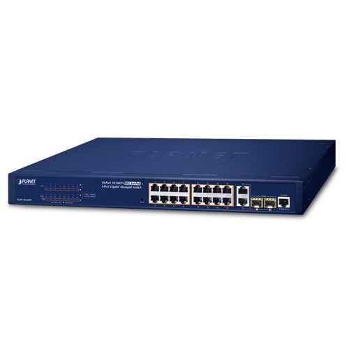 PLANET FGSW-1816HPS - Ethernet-kytkin 16-porttinen 10/100TX 802.3at PoE + 2-porttinen Gigabit TP/SFP Combo Hallittu