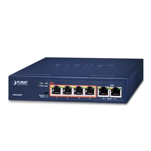[FSD-604HP] PLANET FSD-604HP - Pöytäkytkin 4-porttinen 10/100TX 802.3af/at PoE + 2-porttinen 10/100TX (60 wattia)