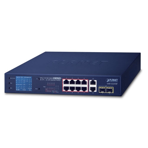 [GSD-1222VHP] PLANET GSD-1222VHP - Ethernet-kytkin 8-porttinen 10/100/1000T 802.3at PoE + 2-porttinen 10/100/1000T + 2-porttinen 1000X SFP PoE LCD-monitorilla