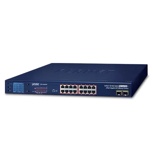 PLANET GSW-1820VHP - Ethernet-kytkin 16-porttinen 10/100/1000T 802.3at PoE + 2-porttinen Gigabit SFP LCD-monitorilla
