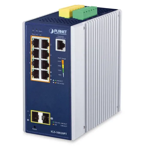 [IGS-10020PT] PLANET IGS-10020PT - Ethernet-kytkin Teollinen 8-porttinen 10/100/1000T 802.3at PoE + 2-porttinen 1G/2.5G SFP Hallittu