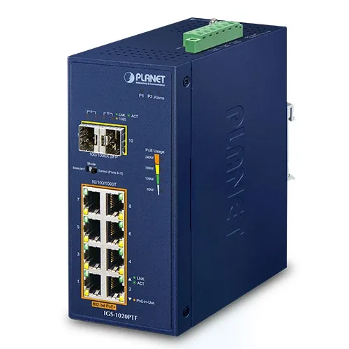 [IGS-1020PTF] PLANET IGS-1020PTF - Ethernet-kytkin Teollinen 8-porttinen 10/100/1000T 802.3at PoE + 2-porttinen 100/1000X SFP