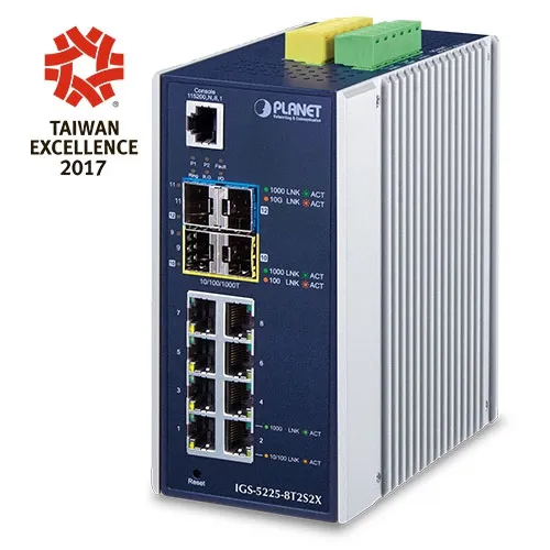 [IGS-5225-8T2S2X] PLANET IGS-5225-8T2S2X - Ethernet-kytkin Teollinen L3 8-porttinen 10/100/1000T + 2-porttinen 1G/2.5G SFP + 2-porttinen 10G SFP+ Hallittu