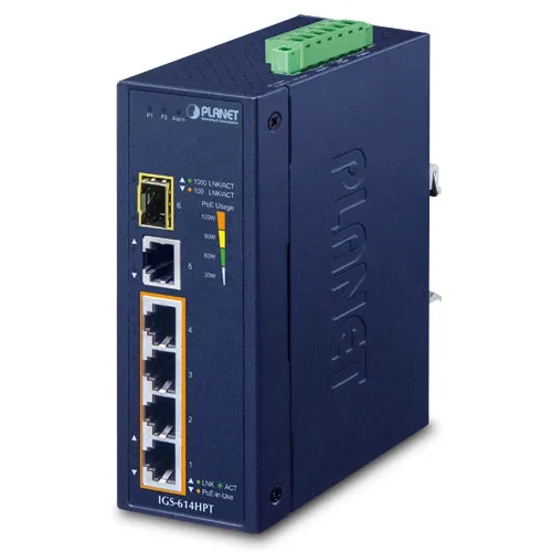 PLANET IGS-614HPT - Ethernet-kytkin Teollinen 4-Porttinen 10/100/1000T 802.3at PoE + 1-Porttinen 10/100/1000T + 1-Porttinen 100/1000X SFP Gigabit