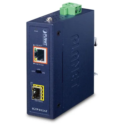 PLANET IGTP-815AT – IP30 compact industrial media converter, 100/1000BASE-X SFP, 10/100/1000BASE-T, 802.3at PoE+