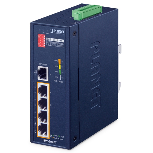 [ISW-504PT] PLANET ISW-504PT - Ethernet-kytkin Teollinen 5-Porttinen 10/100TX 802.3at PoE+