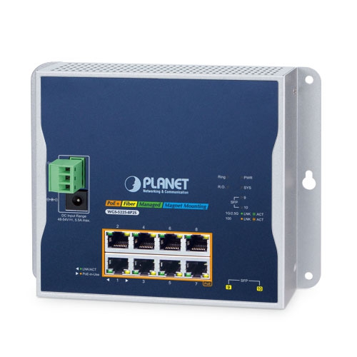 PLANET WGS-5225-8P2S - Hallittu teollinen Ethernet-kytkin L2+ 8-Porttinen 10/100/1000T 802.3at PoE ja 2-porttinen 1G/2.5G SFP seinäasennus